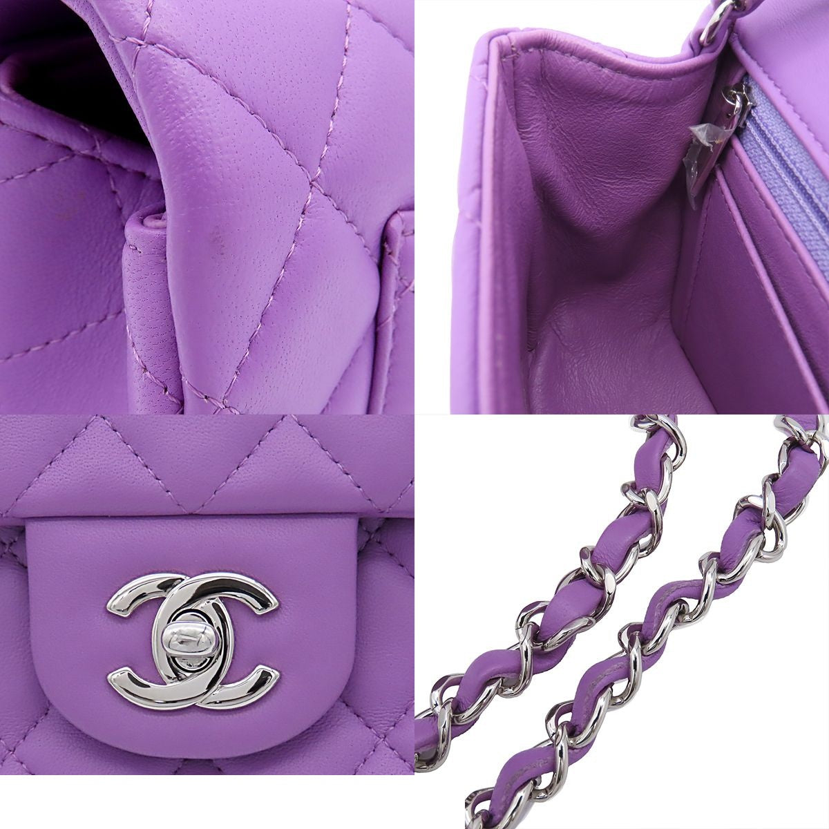 Chanel Shoulder Bag Pink Purple Silver Lambskin Mini Quilted 20 Single Flap — view 8