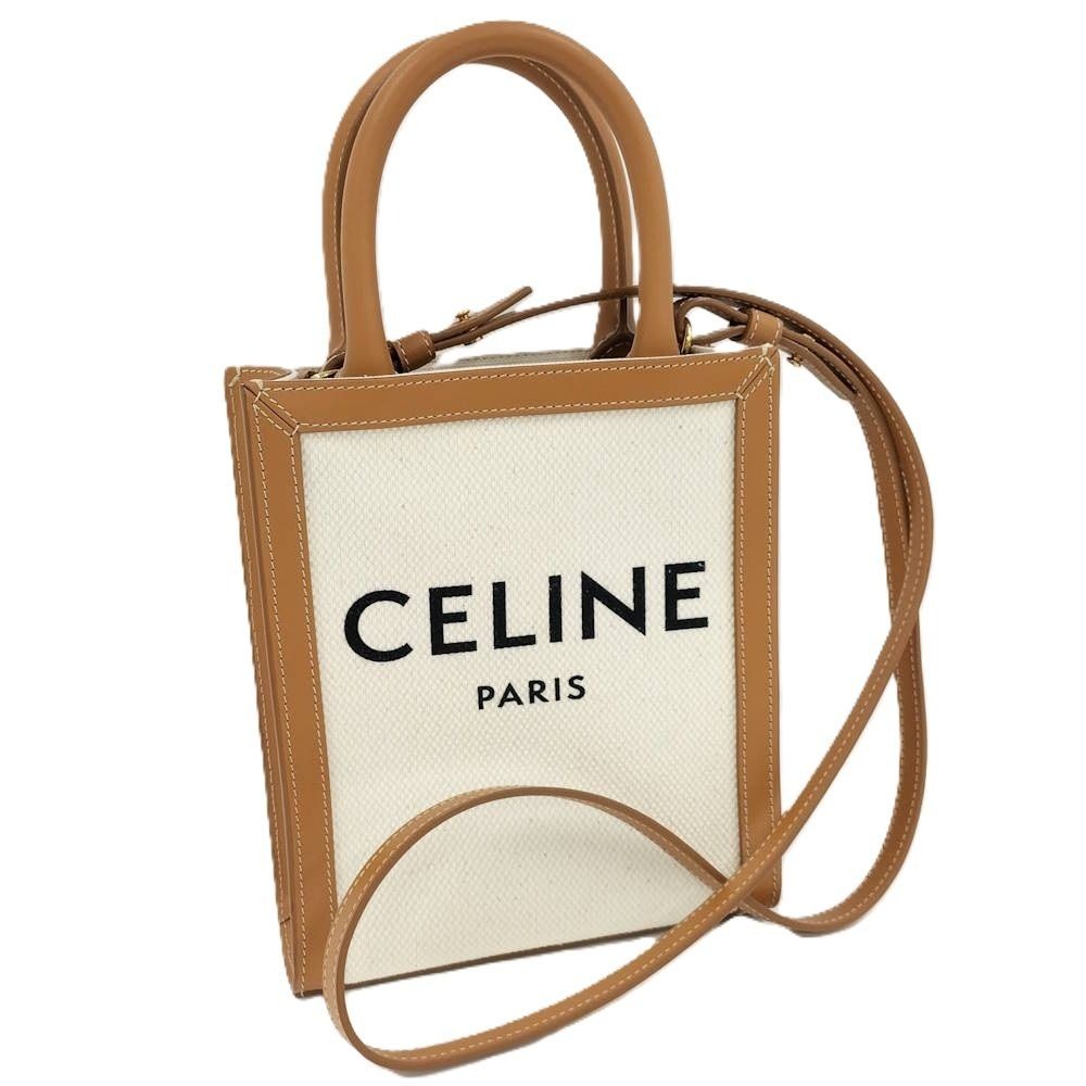 Celine Mini Vertical Cover 2-Way Bag Canvas Leather Brown Off White