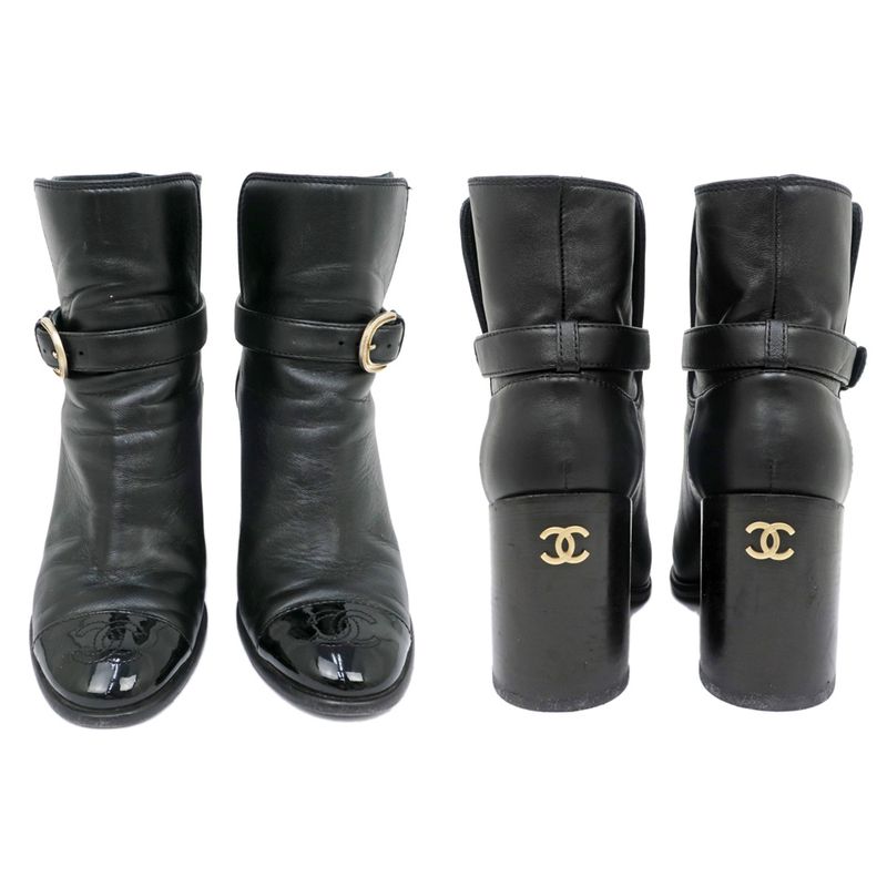 Chanel Ankle Boots 34 1 2 C Black Leather Patent CC Mark Shoes — view 5