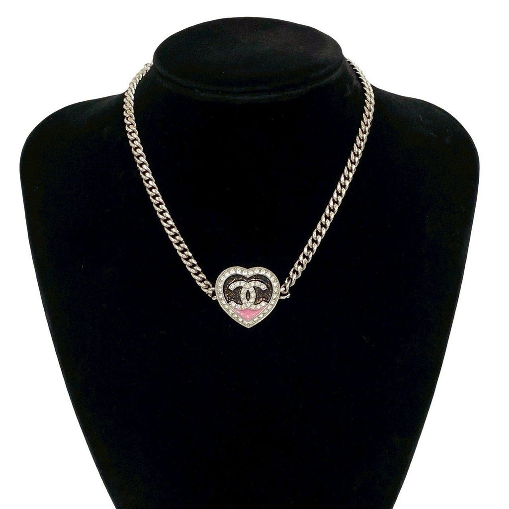 Chanel CC Logo Heart Motif Plated Rhinestone Necklace Silver X Pink — view 2