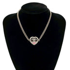 Chanel CC Logo Heart Motif Plated Rhinestone Necklace Silver X Pink — view 2