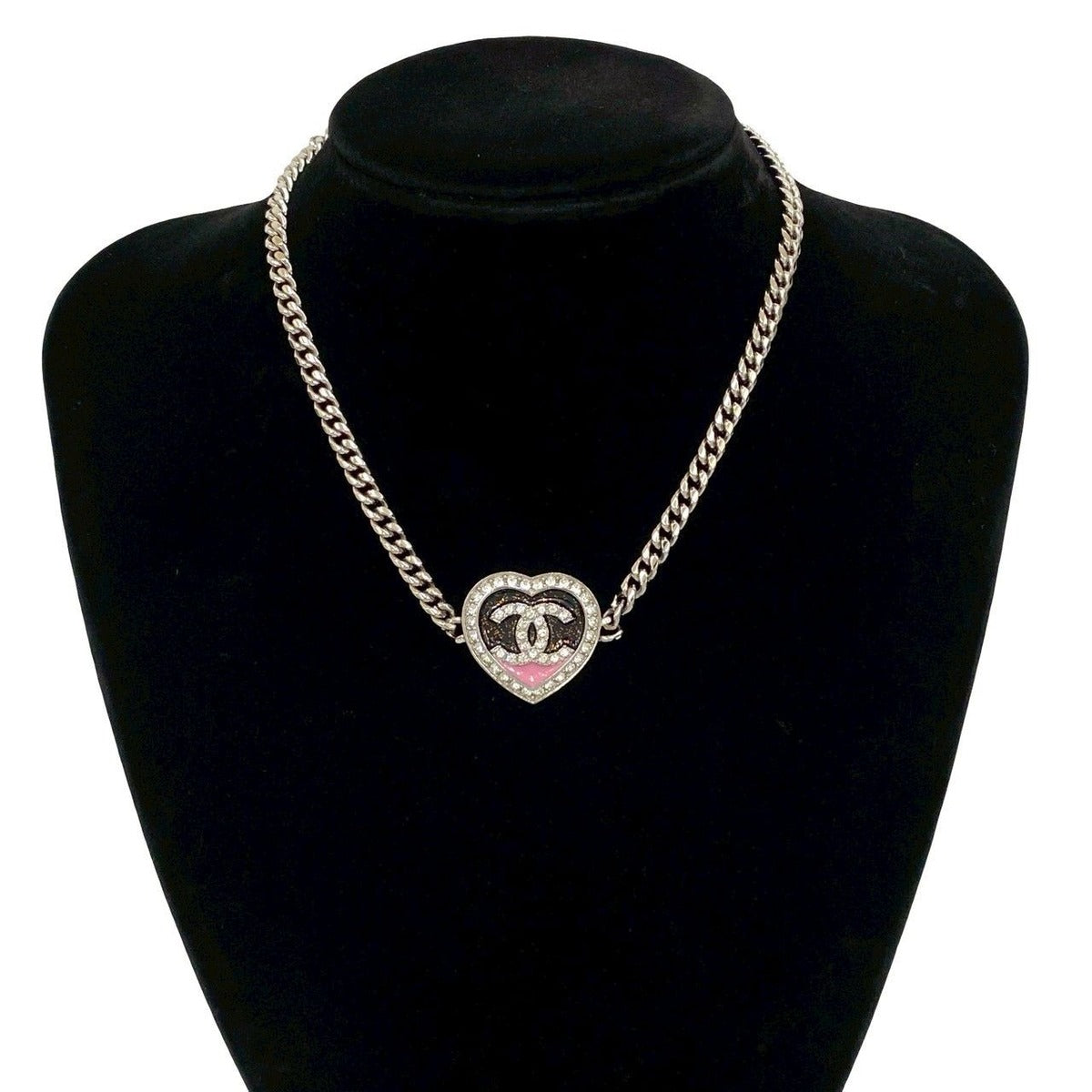 Chanel CC Logo Heart Motif Plated Rhinestone Necklace Silver X Pink — view 2