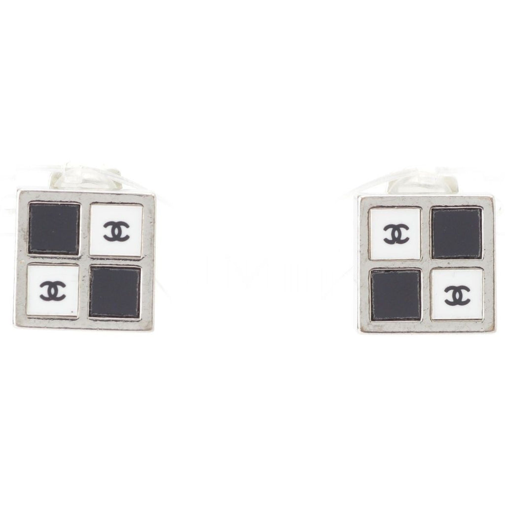 Chanel CC Logo Square Earrings Silver Black White