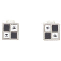 Chanel CC Logo Square Earrings Silver Black White