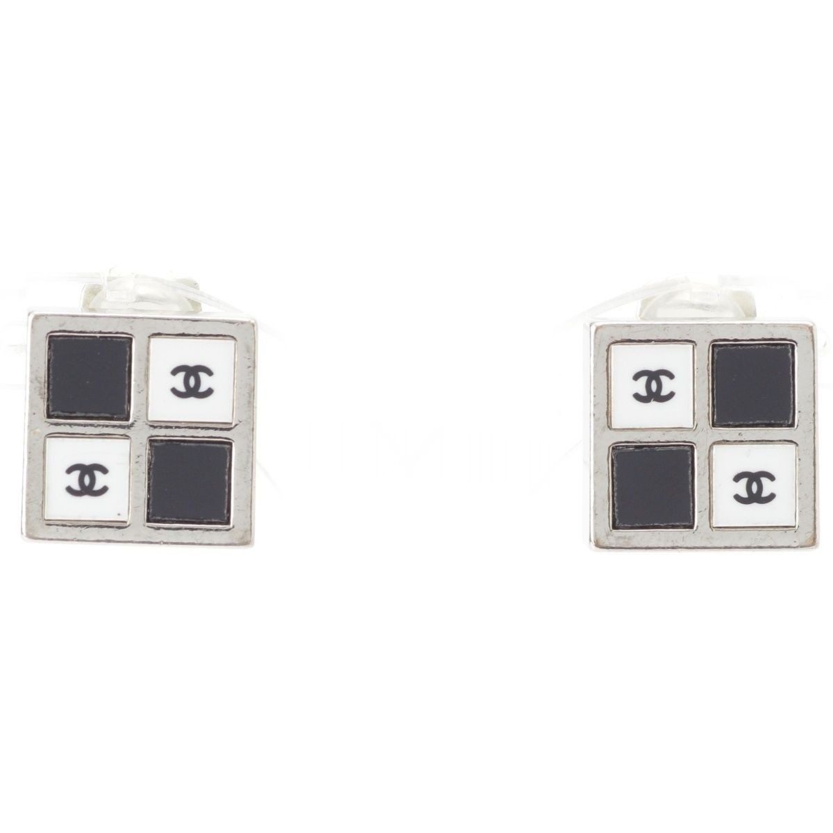 Chanel CC Logo Square Earrings Silver Black White
