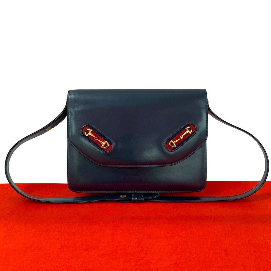 Gucci Vintage Sherry Line Horsebit Leather Shoulder Bag Navy