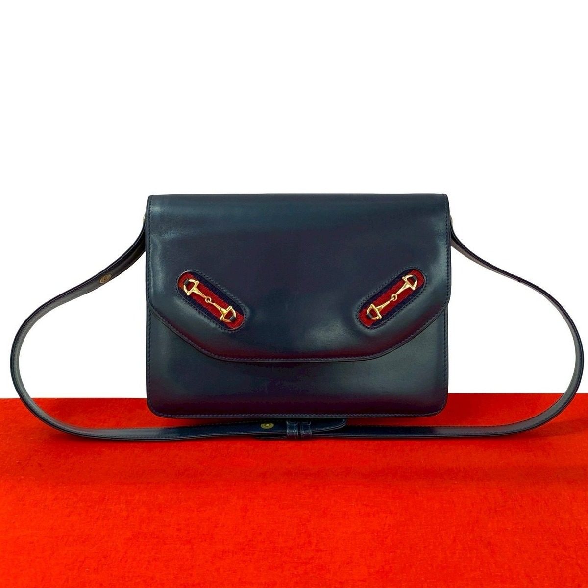 Gucci Vintage Sherry Line Horsebit Leather Shoulder Bag Navy