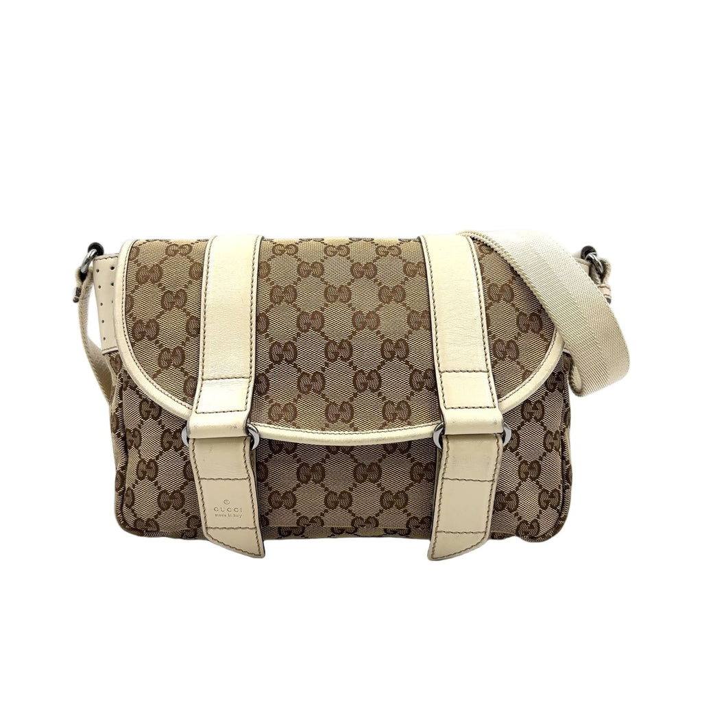 Gucci GG Canvas Crossbody Leather Beige Shoulder Bag Silver