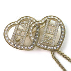 Chanel CC Logo Metal Strass Double Heart Chain Brooch Gold — view 3