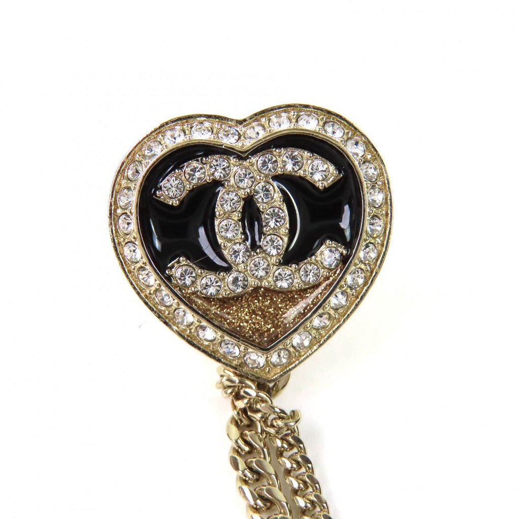 Chanel CC Logo Metal Strass Double Heart Chain Brooch Gold — view 4