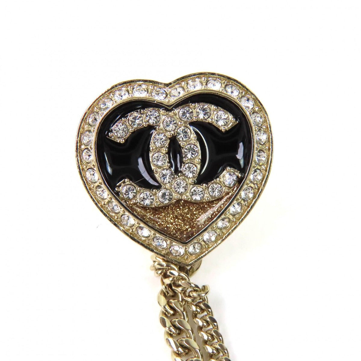 Chanel CC Logo Metal Strass Double Heart Chain Brooch Gold — view 4