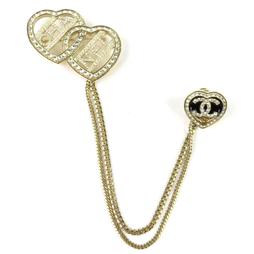 Chanel CC Logo Metal Strass Double Heart Chain Brooch Gold