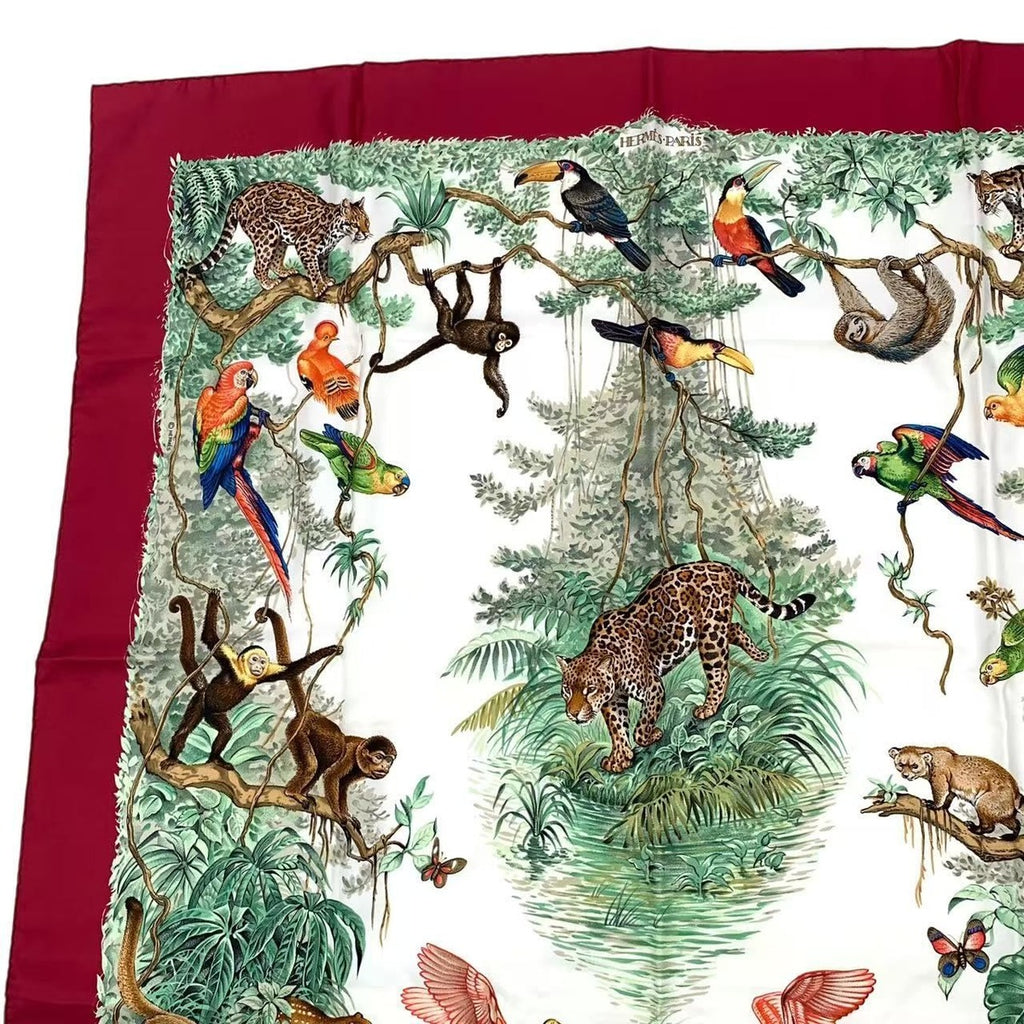 Hermes Scarf Carre 90 Equateur Equatorial Animal Bird All Over Pattern Silk Red — view 2