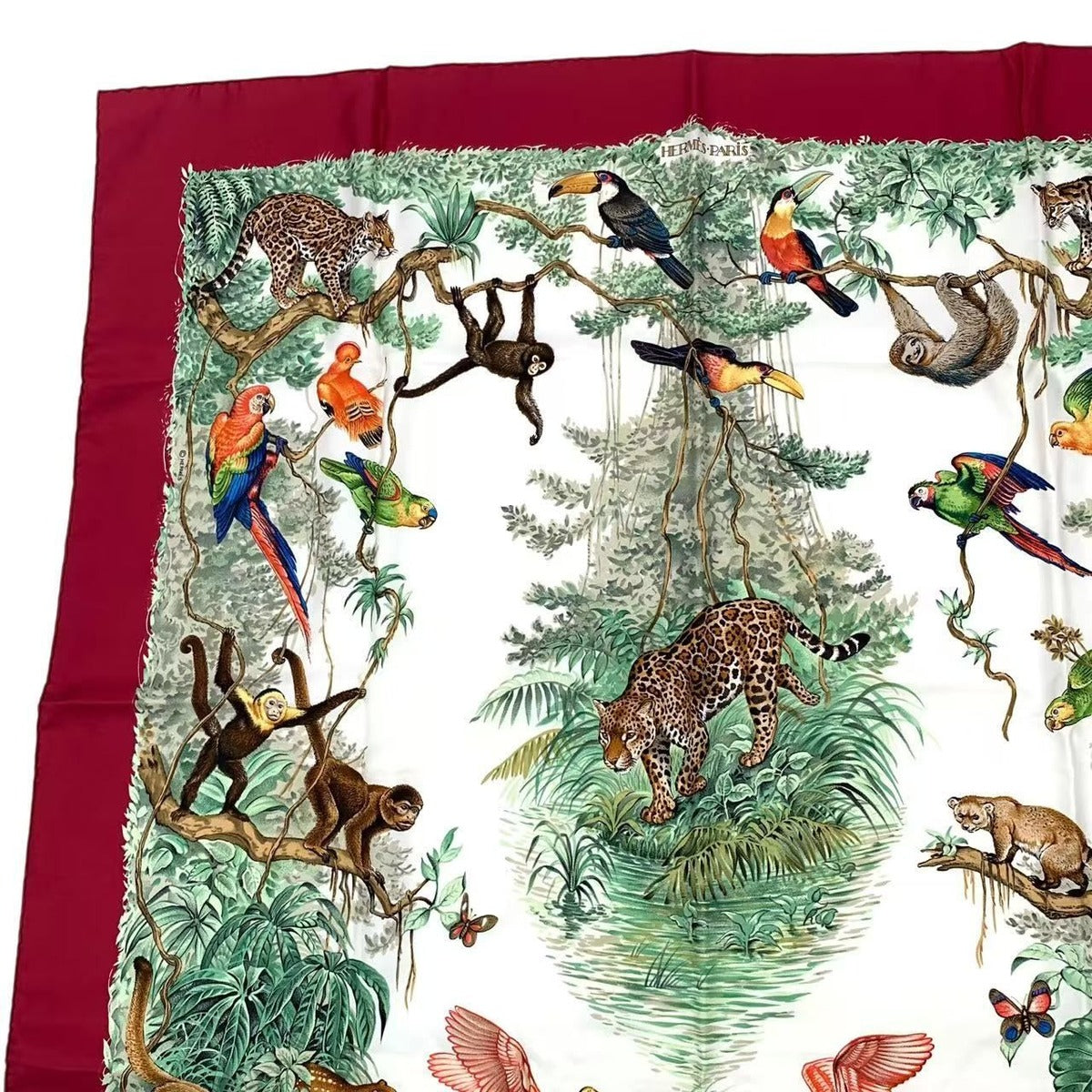 Hermes Scarf Carre 90 Equateur Equatorial Animal Bird All Over Pattern Silk Red — view 2