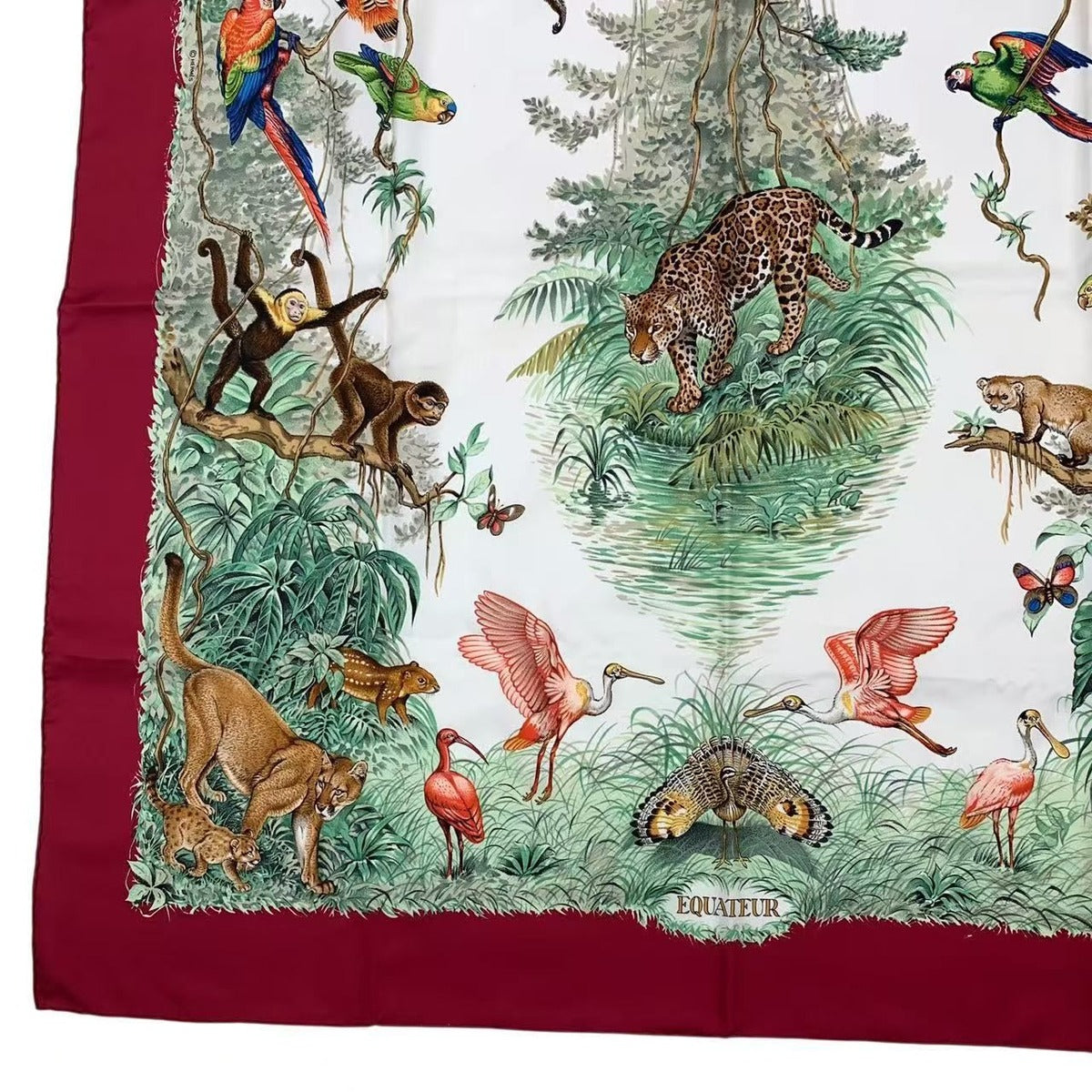 Hermes Scarf Carre 90 Equateur Equatorial Animal Bird All Over Pattern Silk Red — view 4