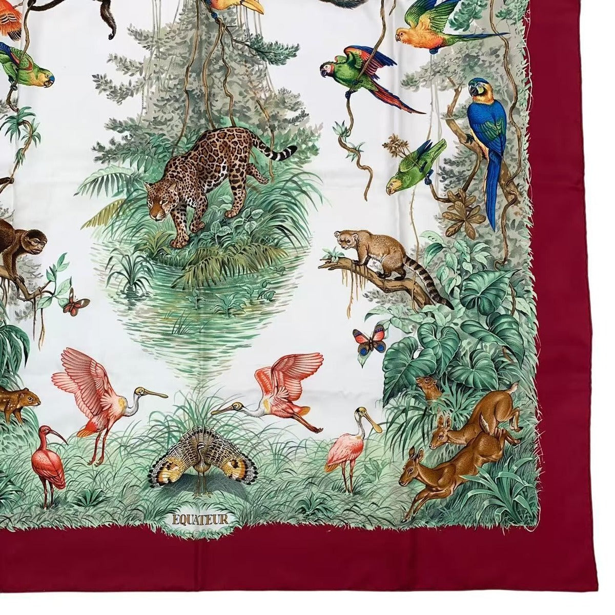 Hermes Scarf Carre 90 Equateur Equatorial Animal Bird All Over Pattern Silk Red — view 5