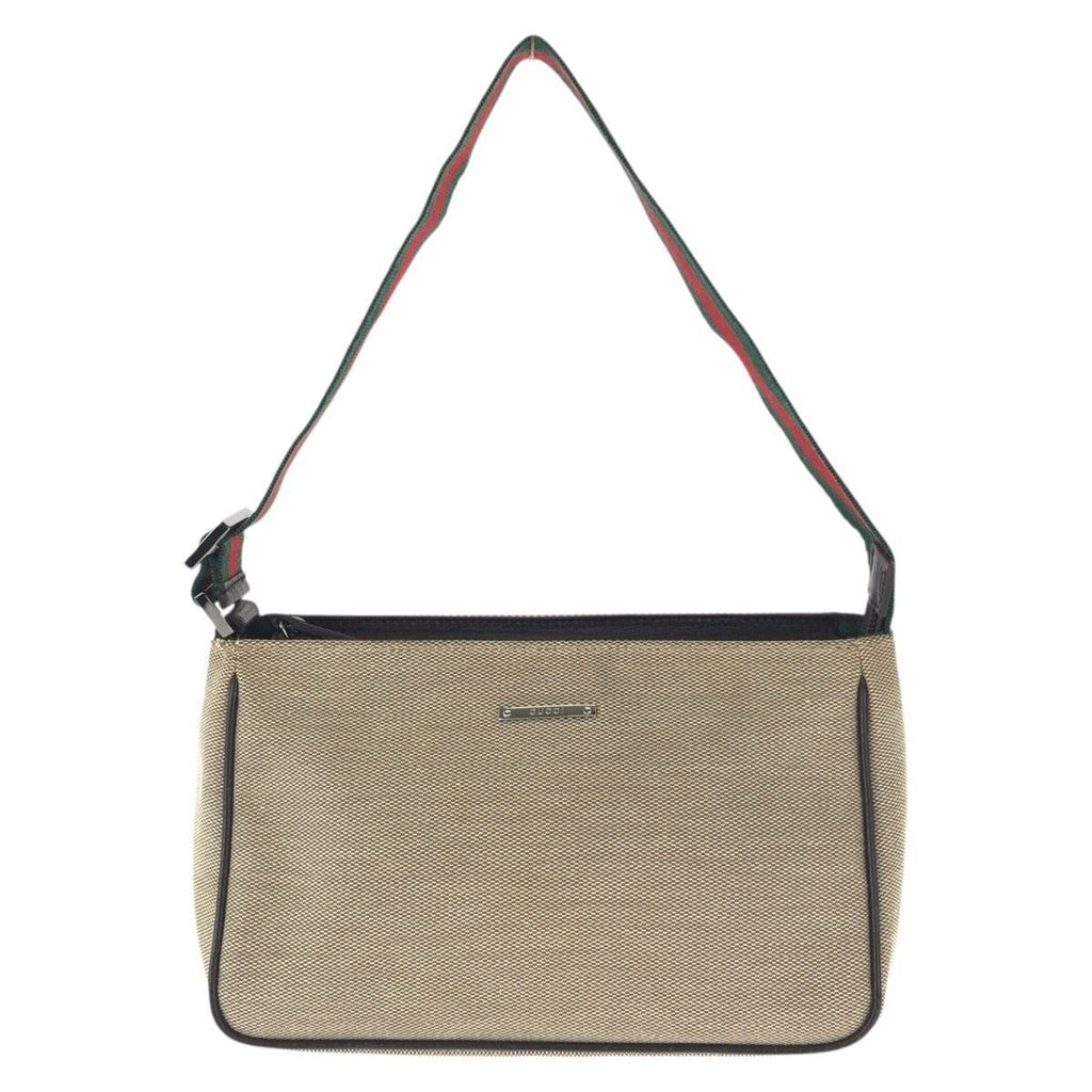 Gucci Sherry Line Beige Silver Canvas Leather Handbag Pouch