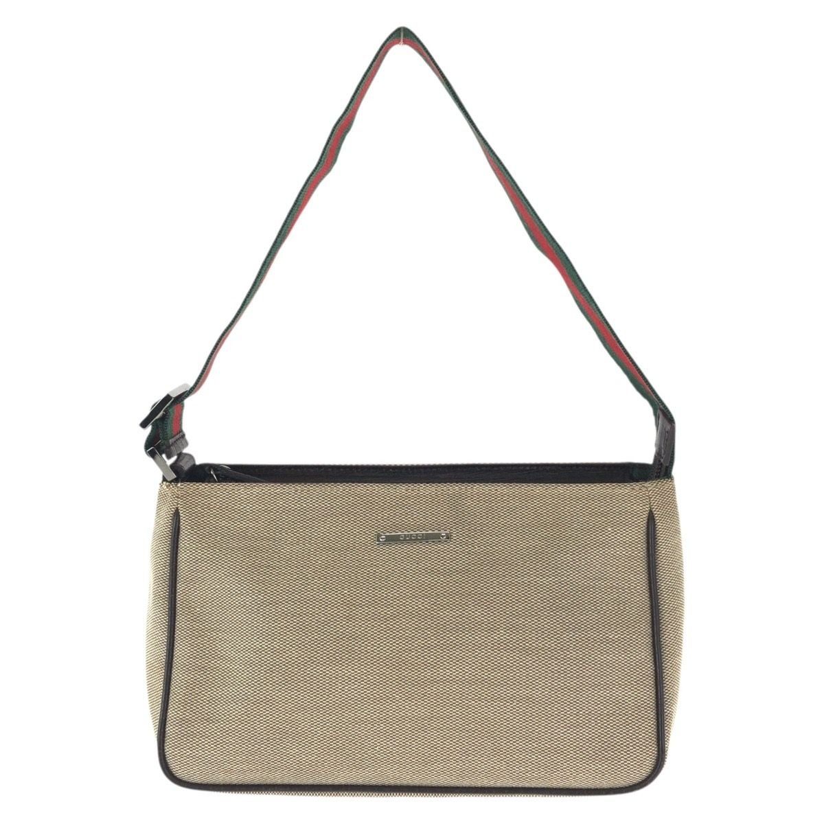Gucci Sherry Line Beige Silver Canvas Leather Handbag Pouch
