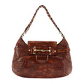 Gucci Horsebit Shoulder Bag Croco Embossed Leather Brown