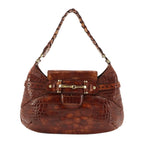 Gucci Horsebit Shoulder Bag Croco Embossed Leather Brown