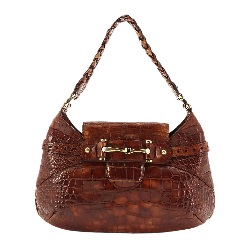 Gucci Horsebit Shoulder Bag Croco Embossed Leather Brown