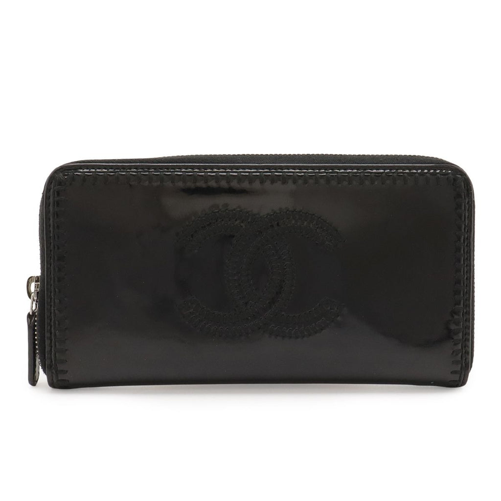 Chanel CC Logo Zip Around Wallet Enamel Patent Leather Black Silver Har