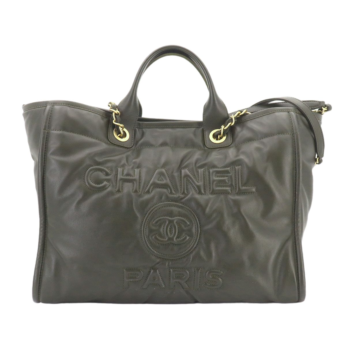 Chanel Deauville GM 2-Way Tote Chain Shoulder Bag Leather Khaki
