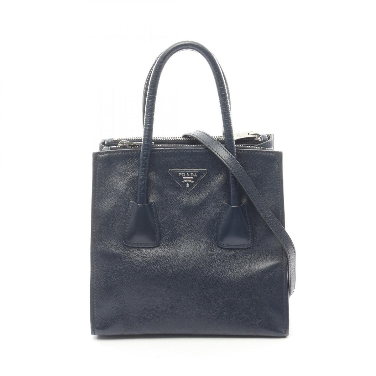 Prada Handbag Navy Leather Triangle Logo 2-Way