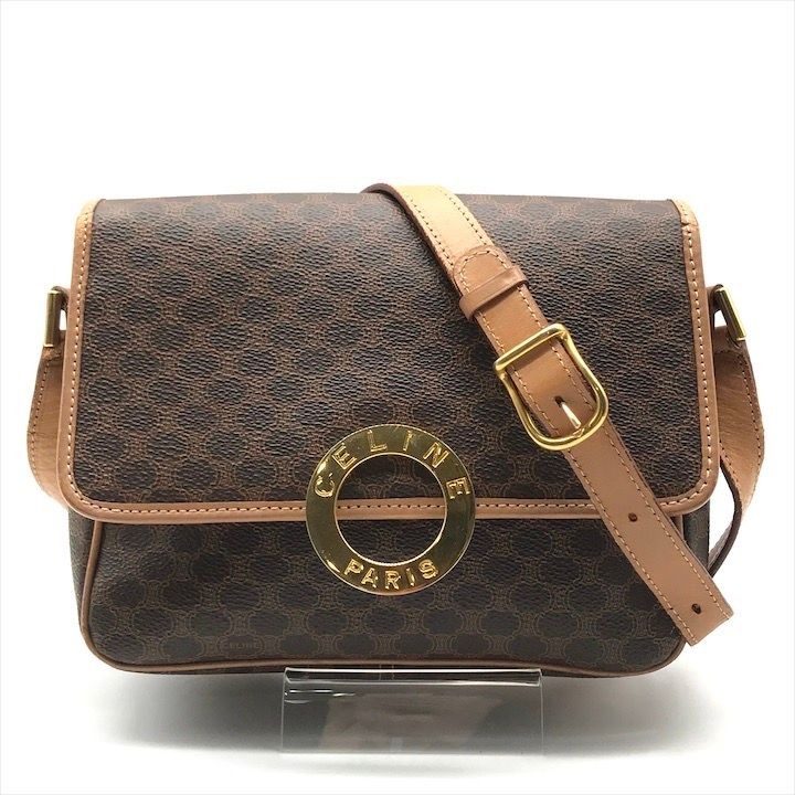 Celine Macadam Circle Logo Leather Gold Vintage Shoulder Bag Brown