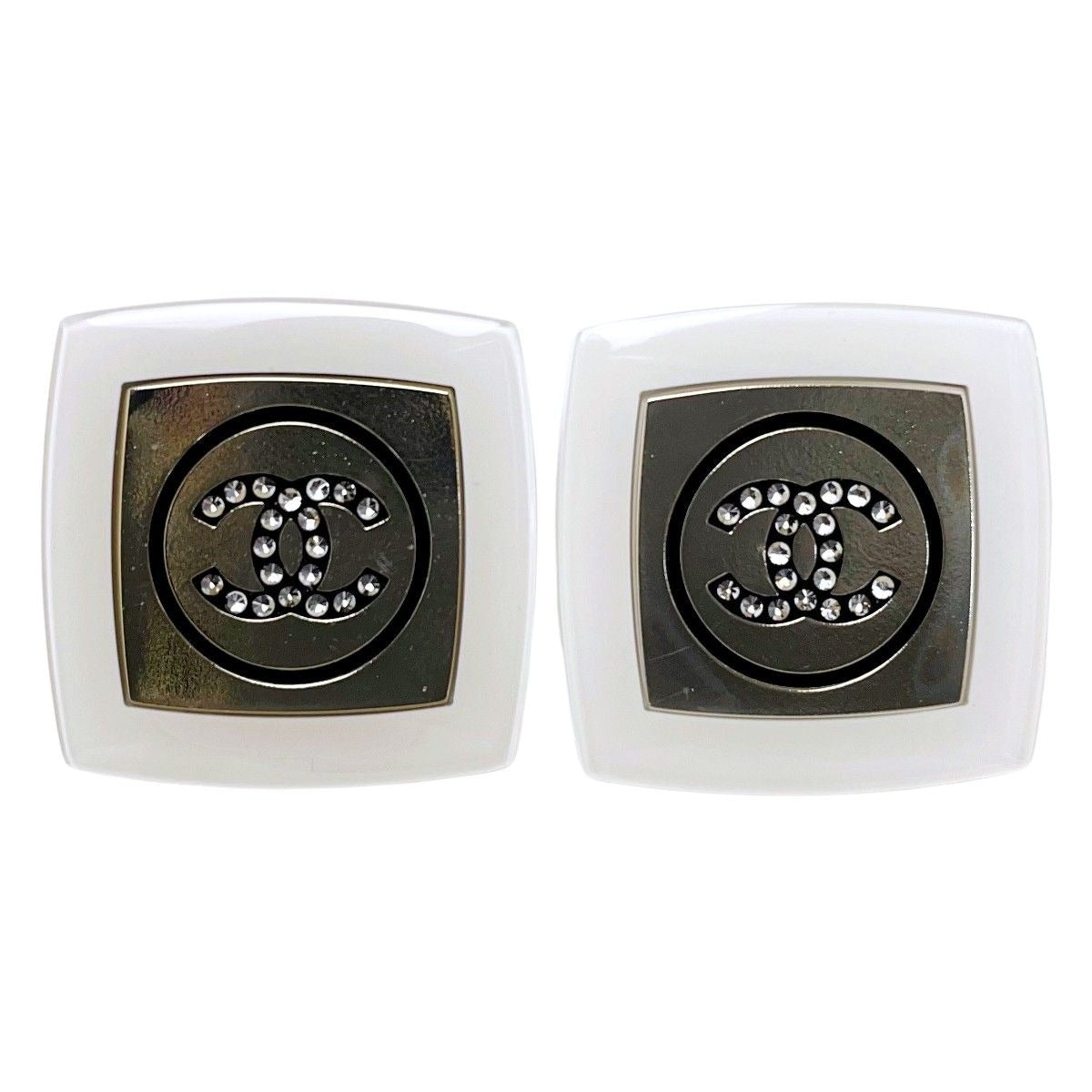 Chanel Resin Rhinestone White Gold Accessories Earrings — view 2