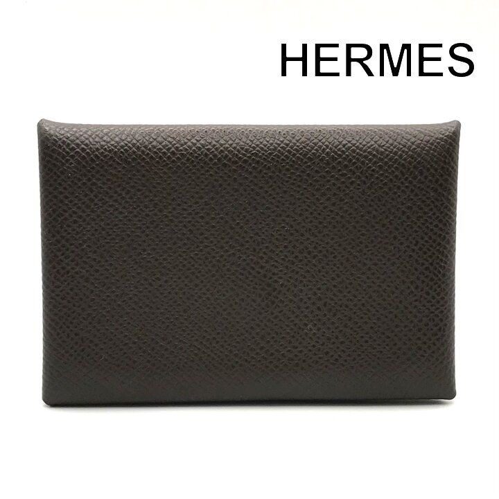 Hermes Calvi Epsom Card Case Leather Brown Business Holder