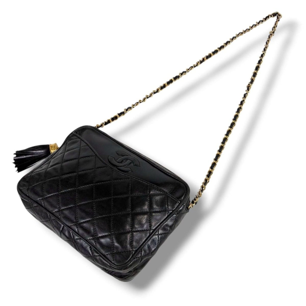 Chanel Quilted Chain Shoulder Bag with Tassel Charm CC Logo Black Lambskin — view 2