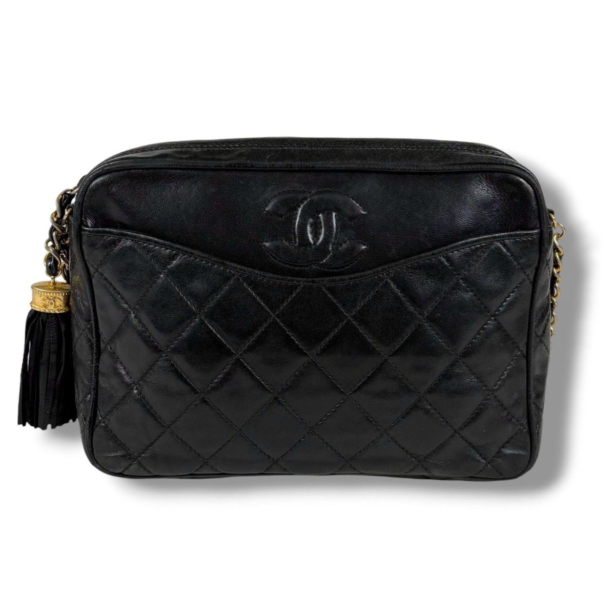 Chanel Quilted Chain Shoulder Bag with Tassel Charm CC Logo Black Lambskin — view 3