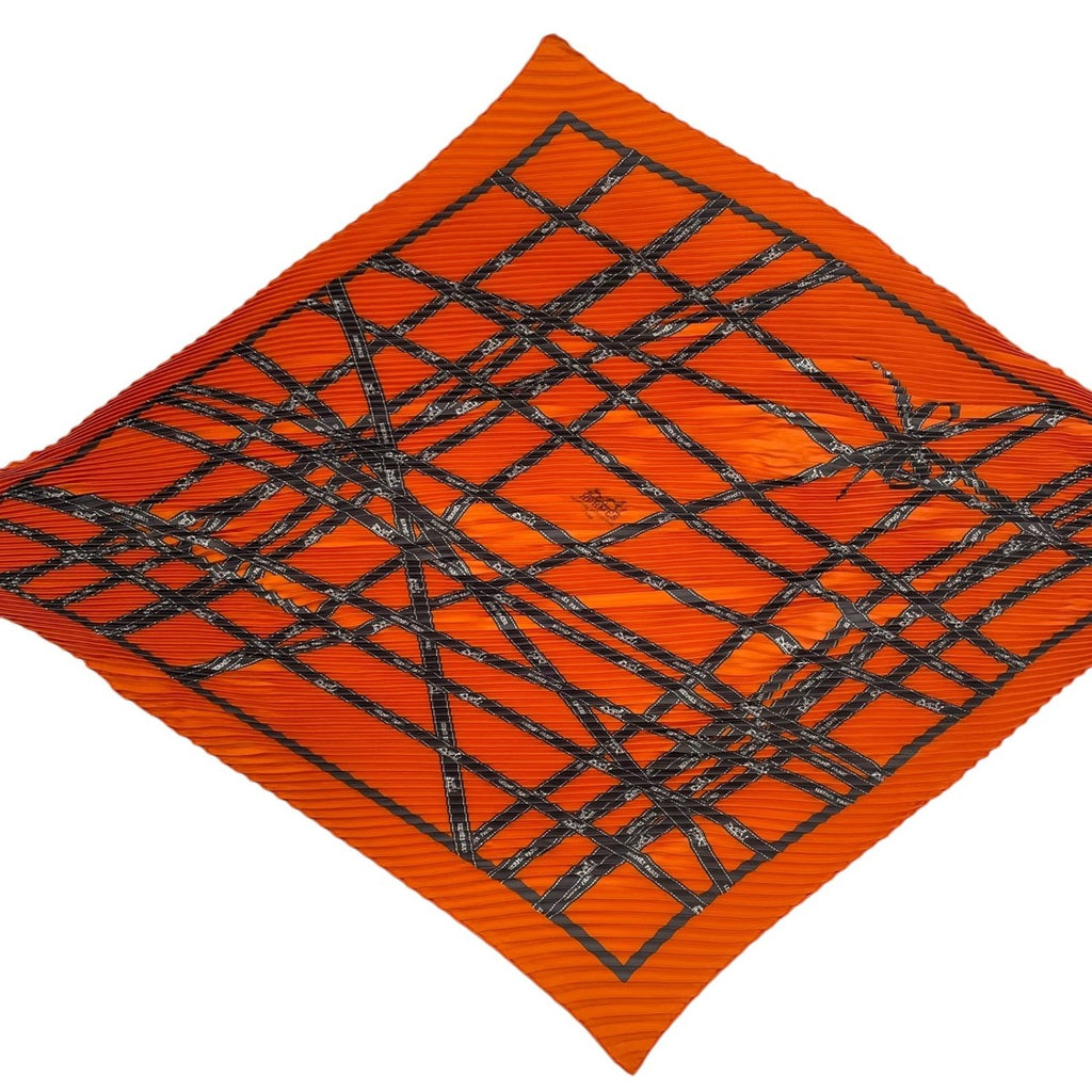 Hermes Scarf Pleated Silk Carre 90 Bolduc Ribbon Pattern Orange — view 3