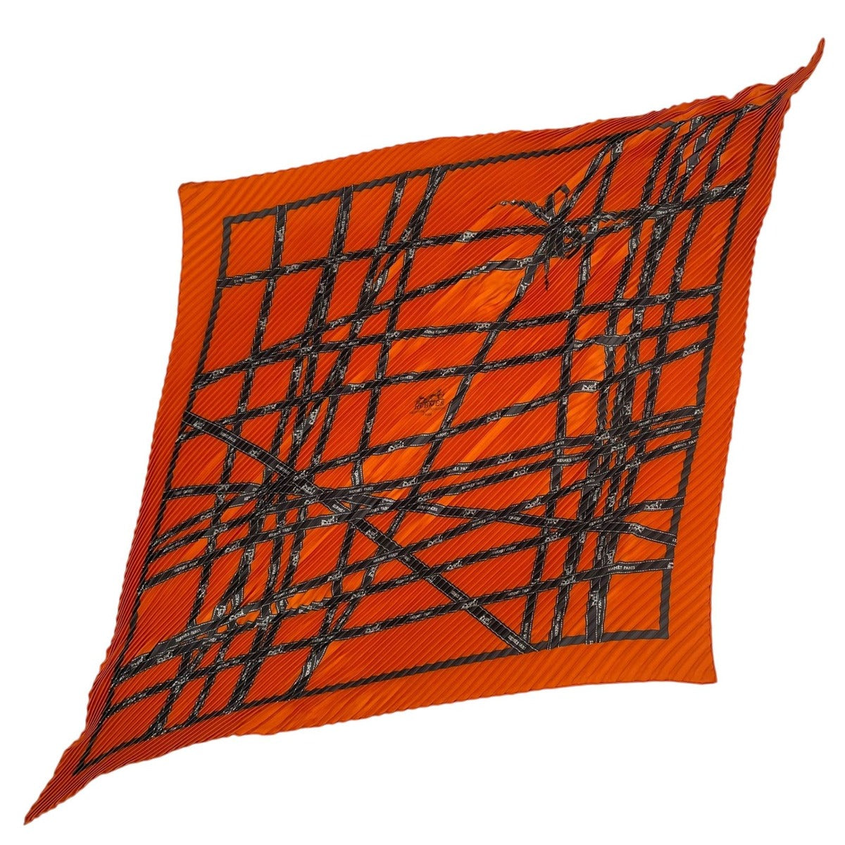 Hermes Scarf Pleated Silk Carre 90 Bolduc Ribbon Pattern Orange