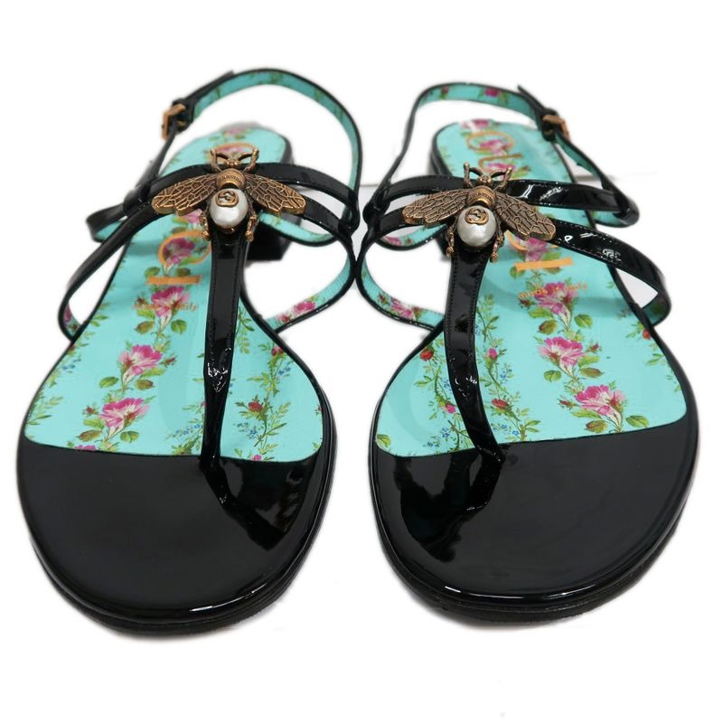 Gucci Bi-sandals 37 1 2 Floral Pattern Black Light Blue Bee Motif — view 4