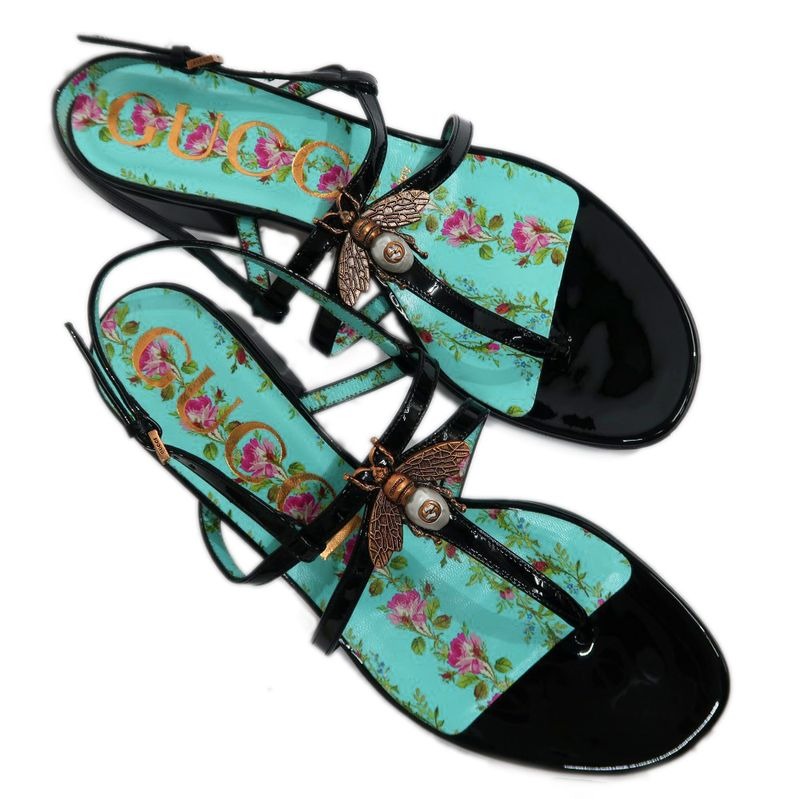 Gucci Bi-sandals 37 1 2 Floral Pattern Black Light Blue Bee Motif — view 8