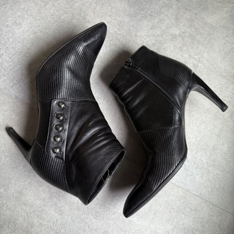 Chanel Pointed Toe Coco Mark Button Leather Zip Boots 37 1 2 C — view 6