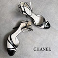 Chanel Pearl Coco Mark Ribbon Design Pumps Leather Patent Black White