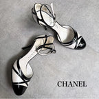 Chanel Pearl Coco Mark Ribbon Design Pumps Leather Patent Black White