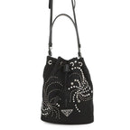 Prada Drawstring Rhinestone Studded Beads Nylon 2-Way Shoulder Bag Black