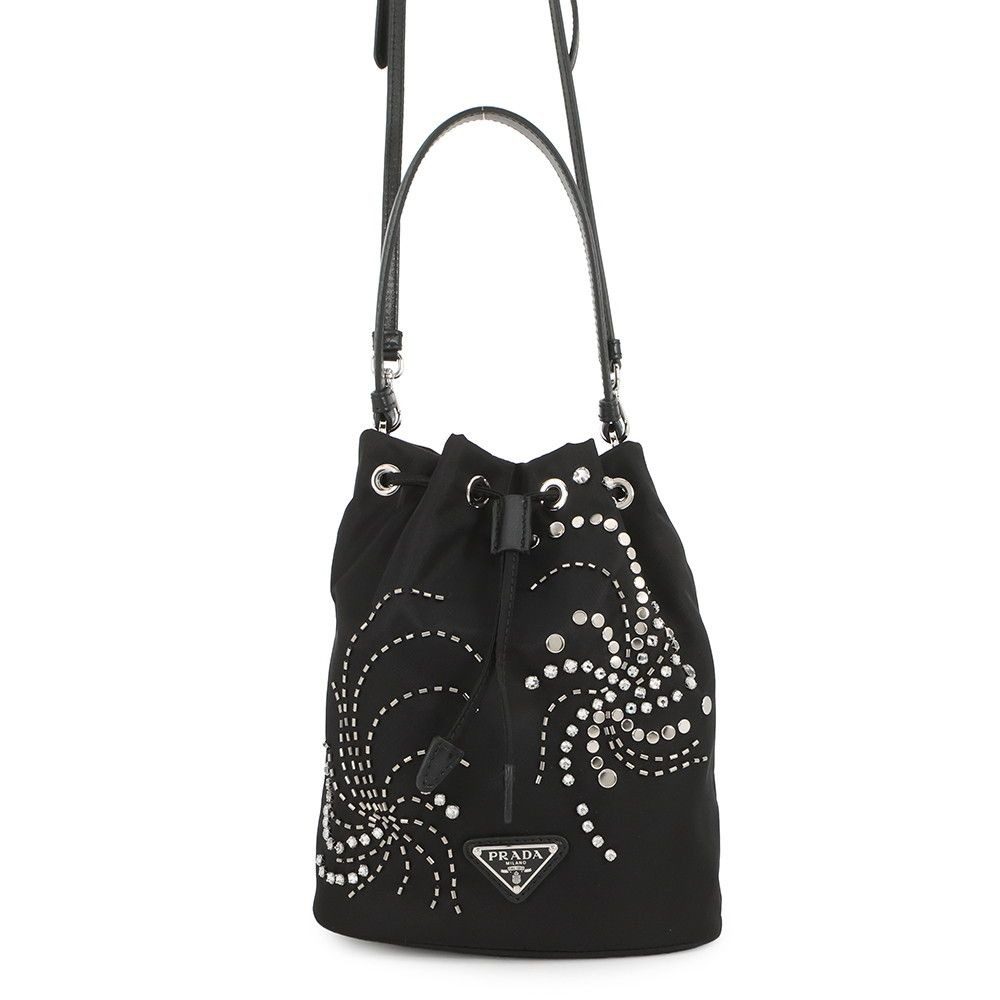 Prada Drawstring Rhinestone Studded Beads Nylon 2-Way Shoulder Bag Black