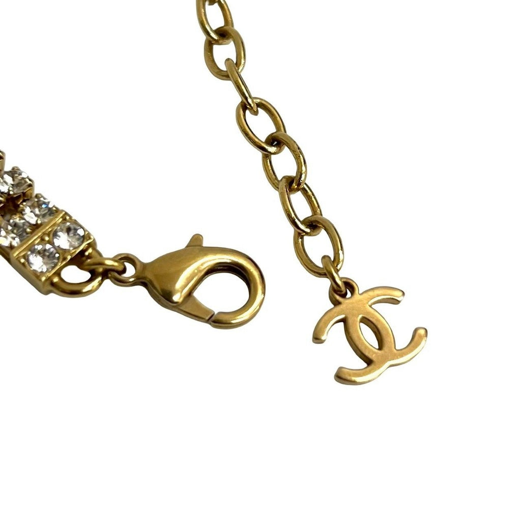 Chanel CC Logo Rhinestone Faux Pearl Necklace Choker Gold — view 3