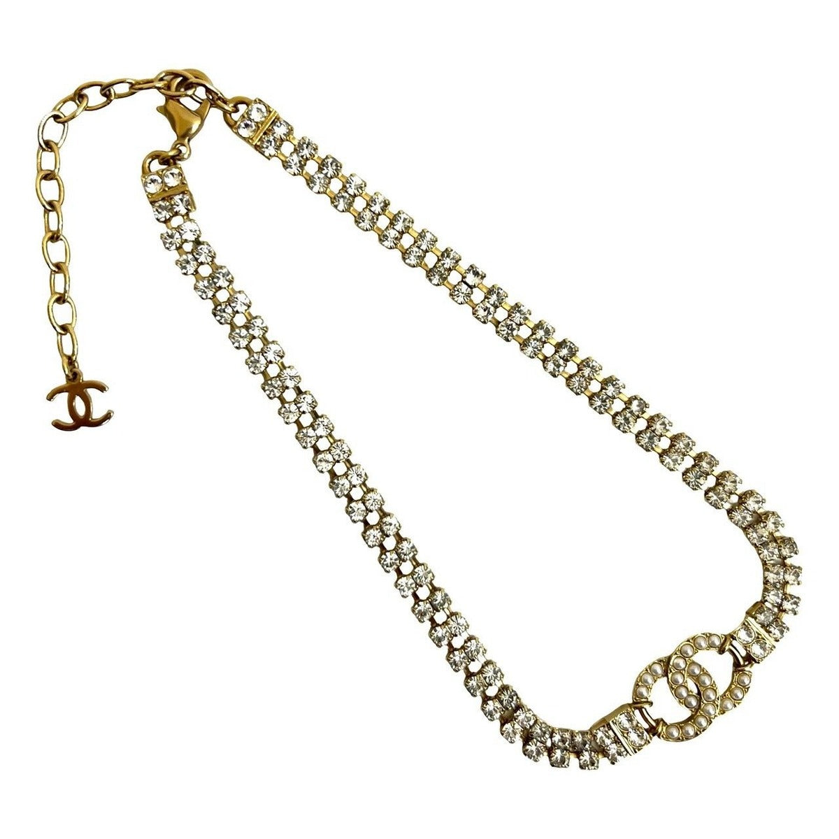 Chanel CC Logo Rhinestone Faux Pearl Necklace Choker Gold — view 4