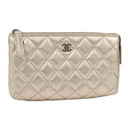 Chanel Quilted Cosmetic Pouch Metallic CC Logo Lambskin Pink
