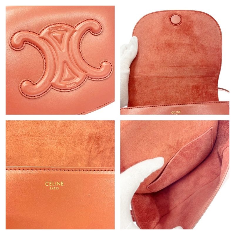 Celine Leather Folco Cuir Triomphe Shoulder Bag Lipstick — view 8