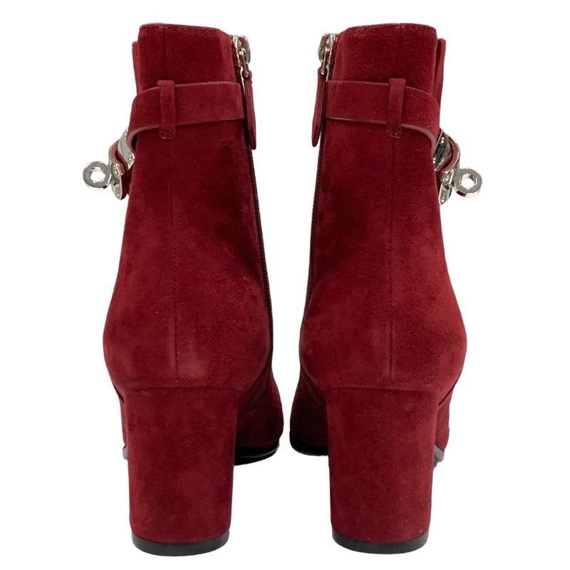 Hermes Saint Germain Boots Short Shoes Kelly Hardware Suede Red Silver — view 5