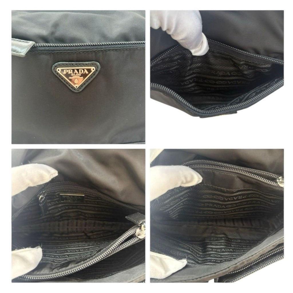 Prada Tessuto Triangle Logo Black Silver Nylon Leather Shoulder Bag — view 6