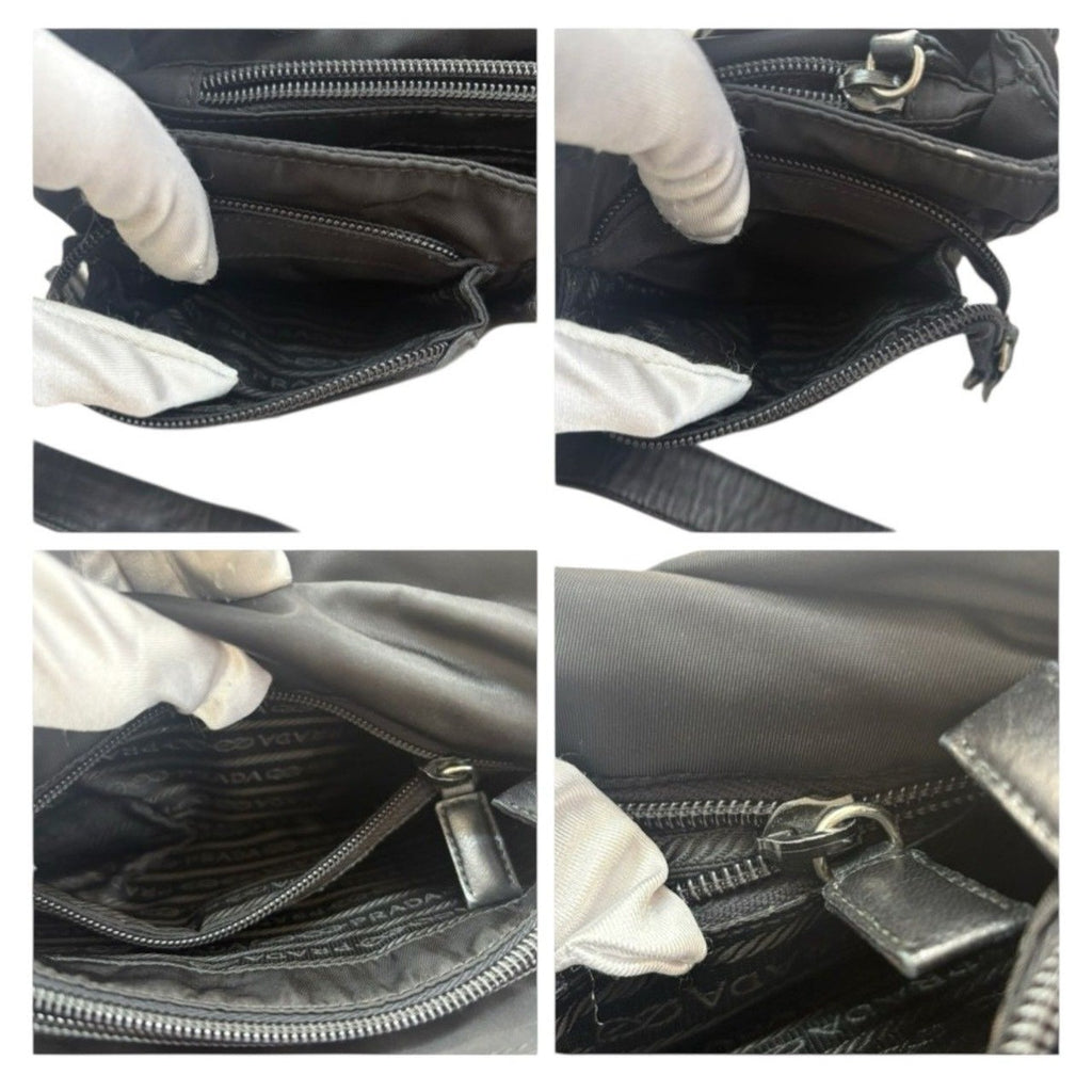 Prada Tessuto Triangle Logo Black Silver Nylon Leather Shoulder Bag — view 8