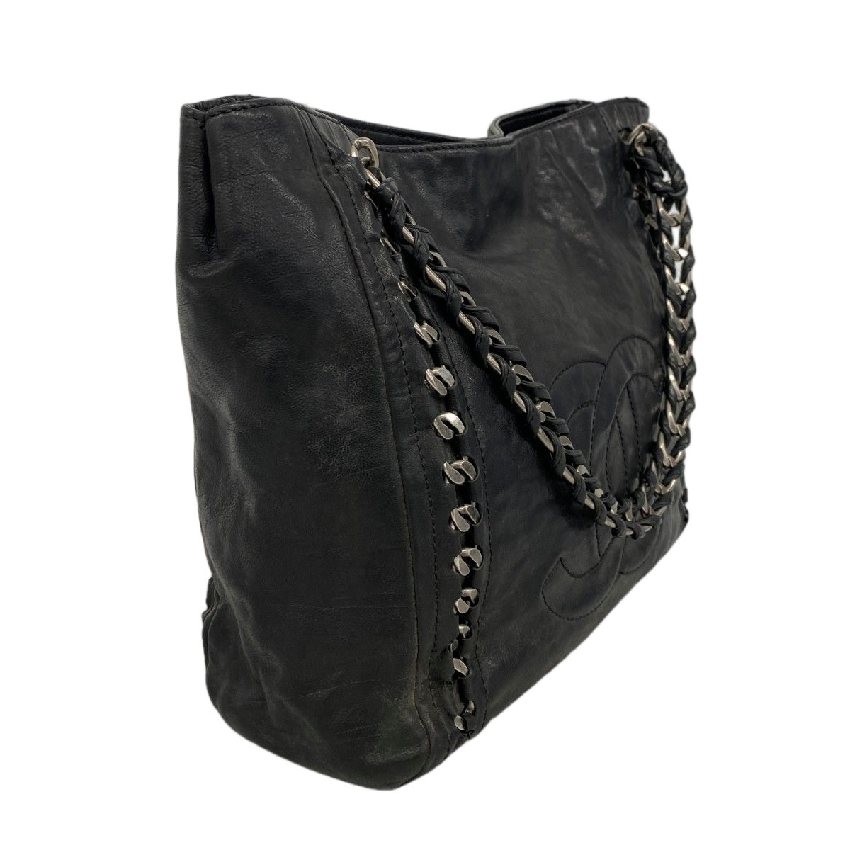 Chanel Chain Tote Leather Black Silver — view 2